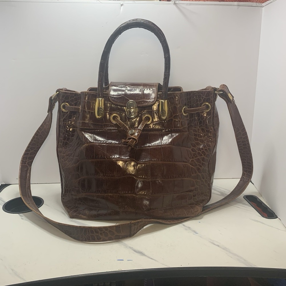 Marino Orlandi Brown Drawstring Bucket Bag croc-embossed Leather
